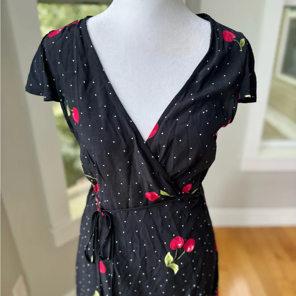 Vintage Y2K Forever 21 Black Red Cherry Print Polka Dot Wrap Dress Size Small - Image 4