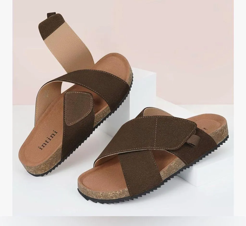 NEW Cork Footbed Slides Suede Genuine Leather Sandals Arch Support Adj Straps 9 Brown - Image 8