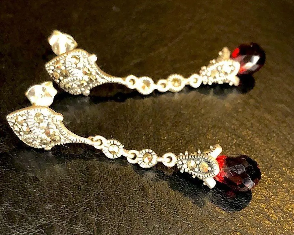 Vintage Faceted Red Garnet & Sterling Silver Marcasite Long Drop Dangle Earrings - Image 2