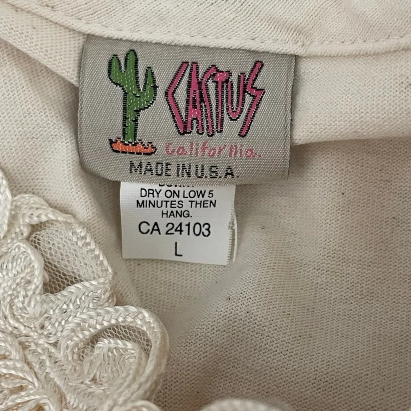 Vintage Cactus California Women Top L Cream Embroidered Appliqué Floral Cottage‎ Size L - Image 2