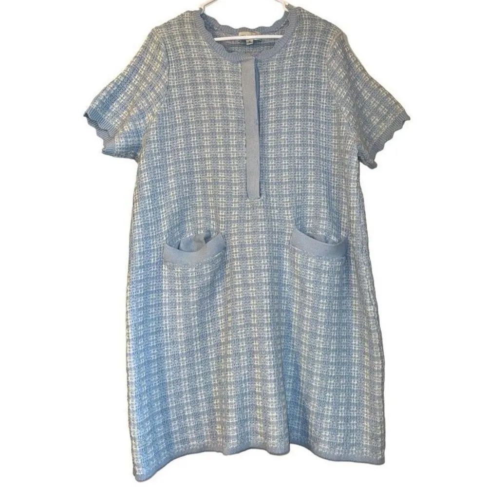 Free Assembly sz XL Womens Blue Cotton Plaid Knit Scalloped‎ Button Dress Preppy - Image 2