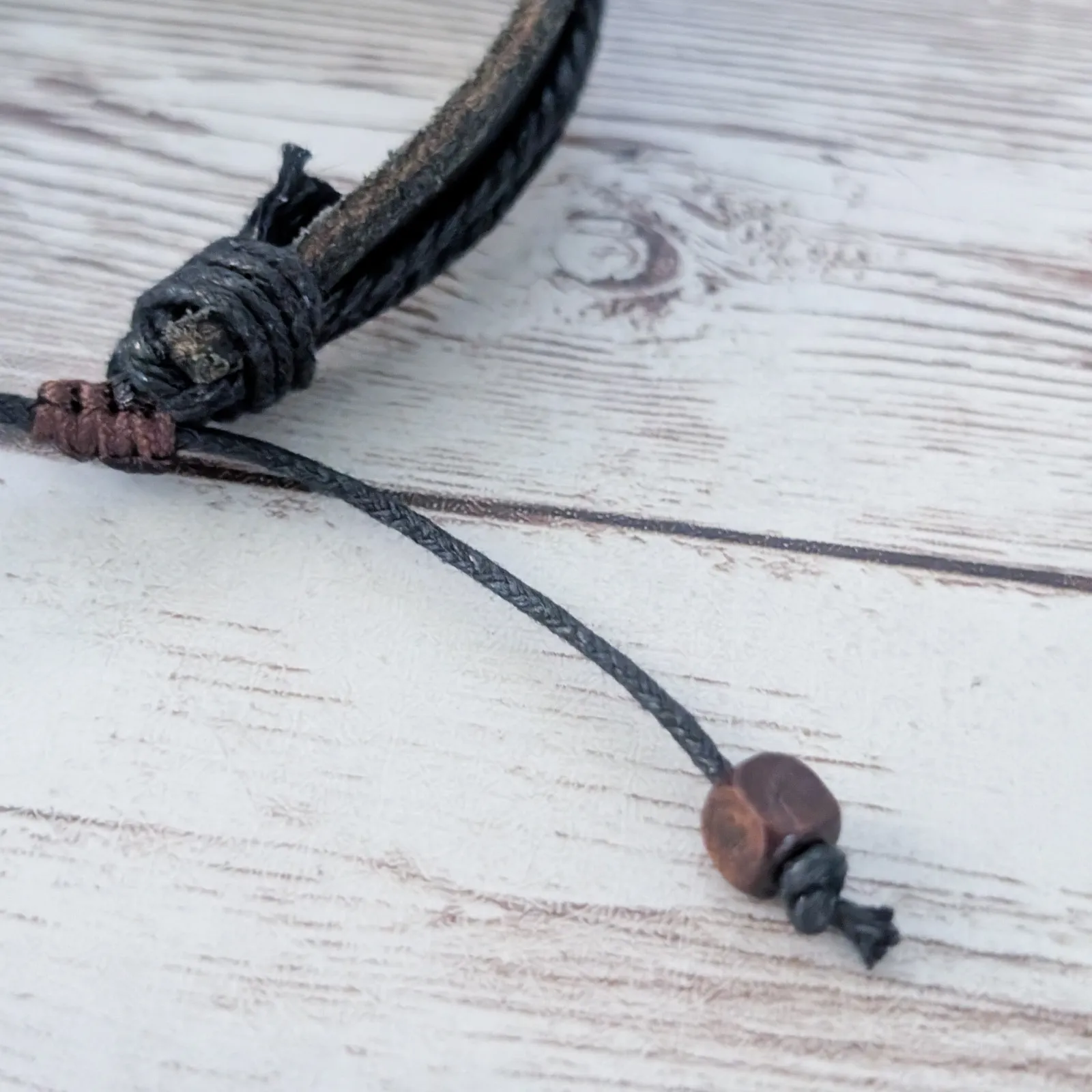 Leather? Tie Bracelet with Celtic Like Charm Black - Image 7