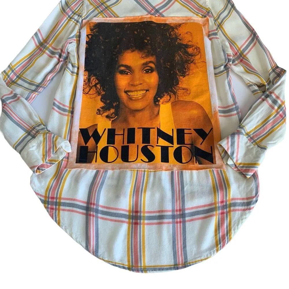 Via Penny Lane Reworked Apparel | Whitney Houston Custom Plaid Button Up Shirt Pink - Image 4