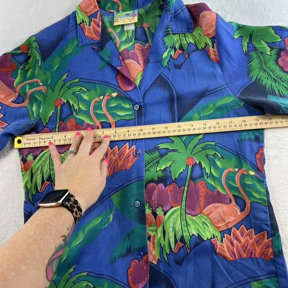 Vtg Sz 10 Florida Cheryl Tieg Shirt Blue Flamingo Palm Hawaiian 90s USA Resort - Image 7