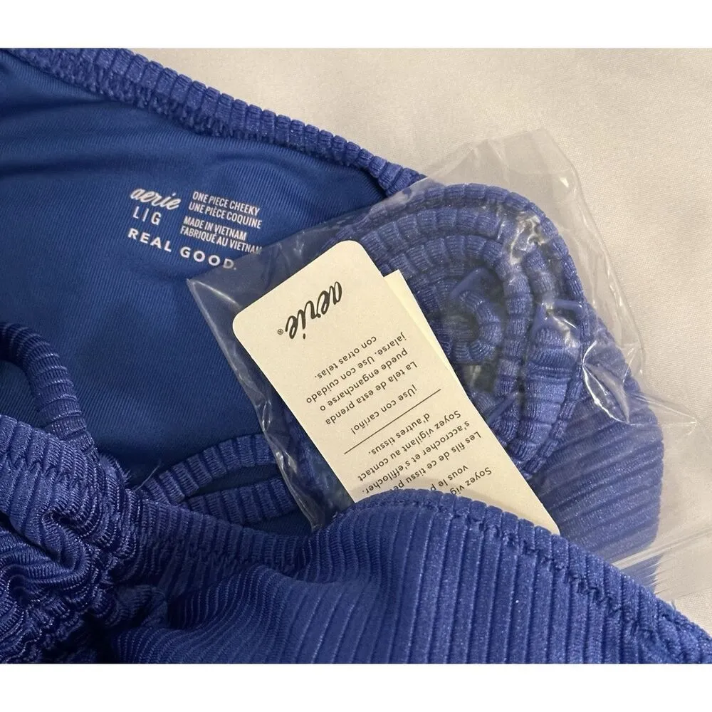 Aerie Ribbed Blue One Piece Cheeky Ruched Convertible Swimsuit Size Large NEW - Image 3