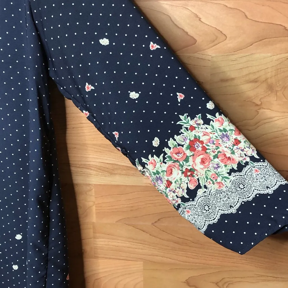 Sage Large Navy Blue Polka Dot Floral Midi Dress - Image 3