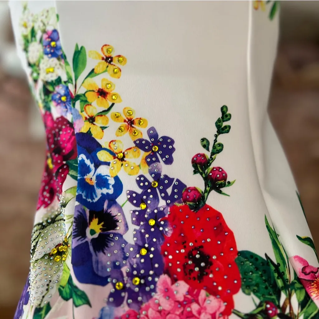 Venus Dress Floral Asymmetrical Hem Rhinestone Sleeveless S Garden Cocktail Glam - Image 6