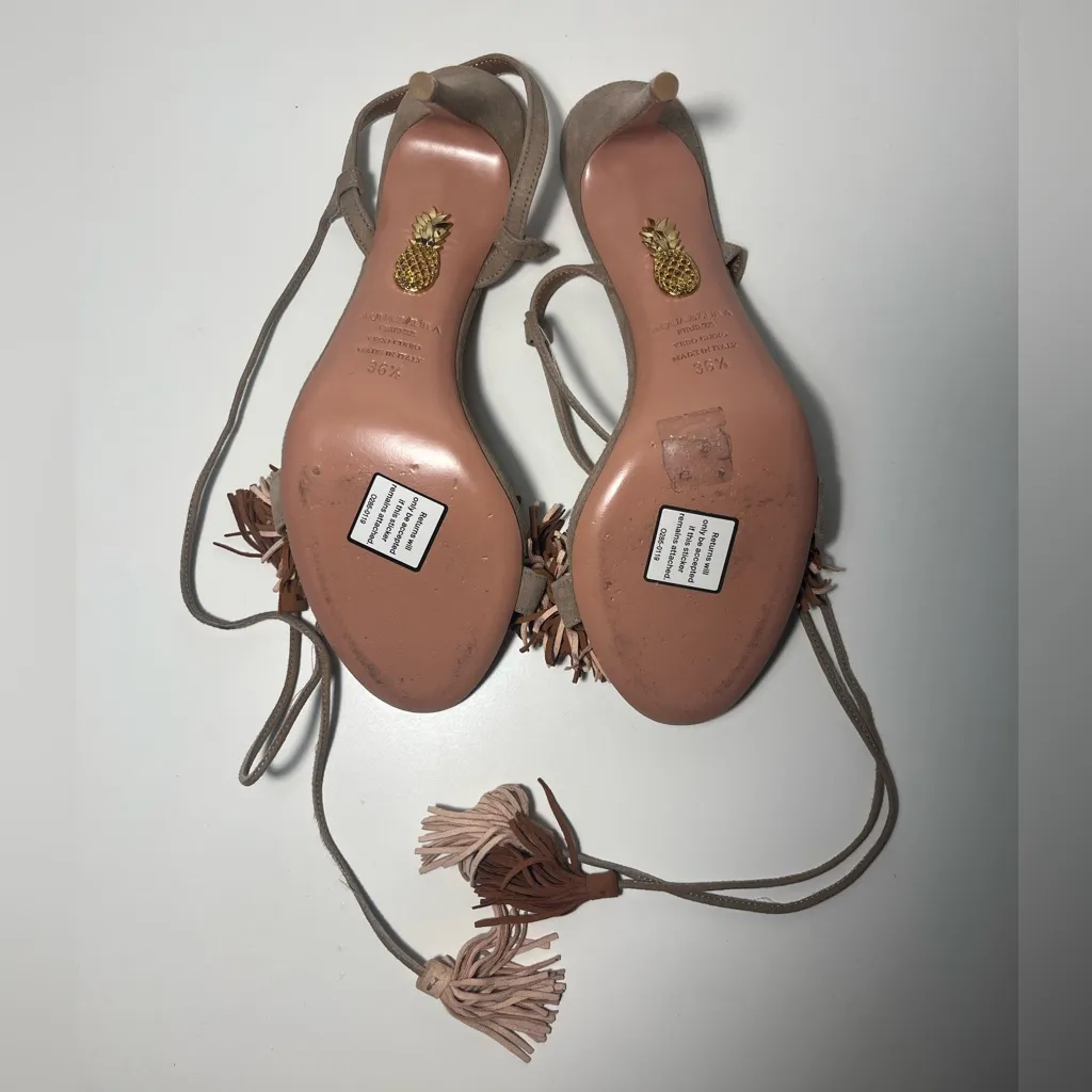 Aquazzura Suede Wild Thing Fringed Multicolor Sandals Heels Shoes Brown Size 6.5 - Image 13