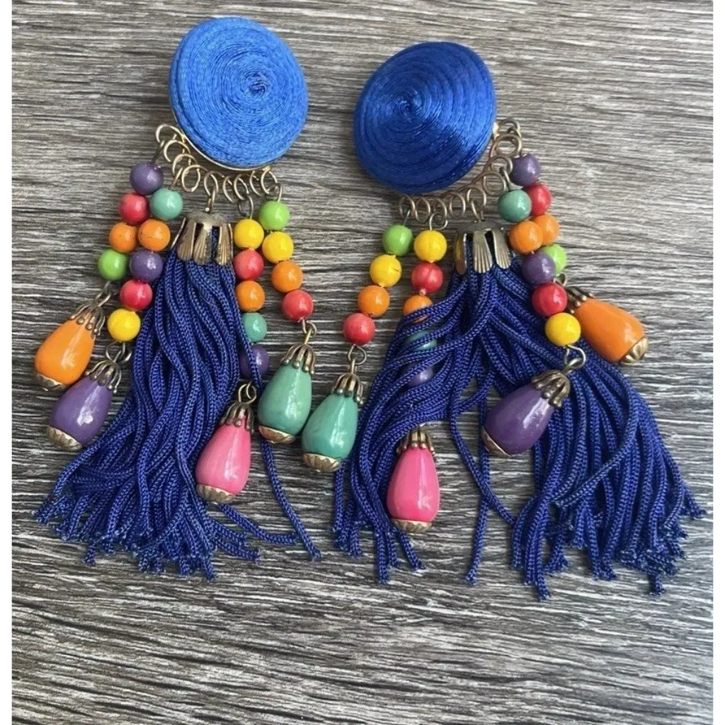 Vintage Earrings Large Long Blue Multi Color Boho Circle Clip On Fringe 80s 90 - Image 2