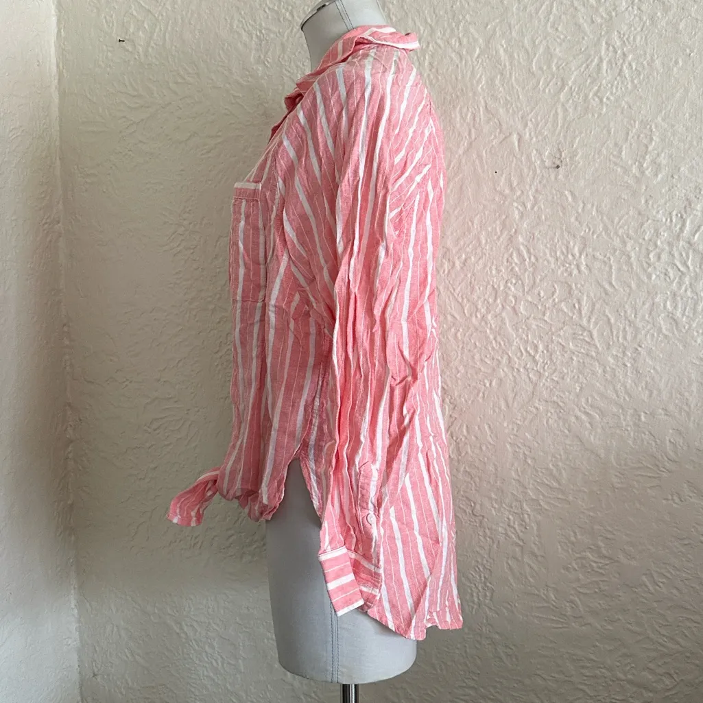 Aerie Pool to Party Linen Blend Coverup Shirt White Coral Stripe Top XS - Image 8