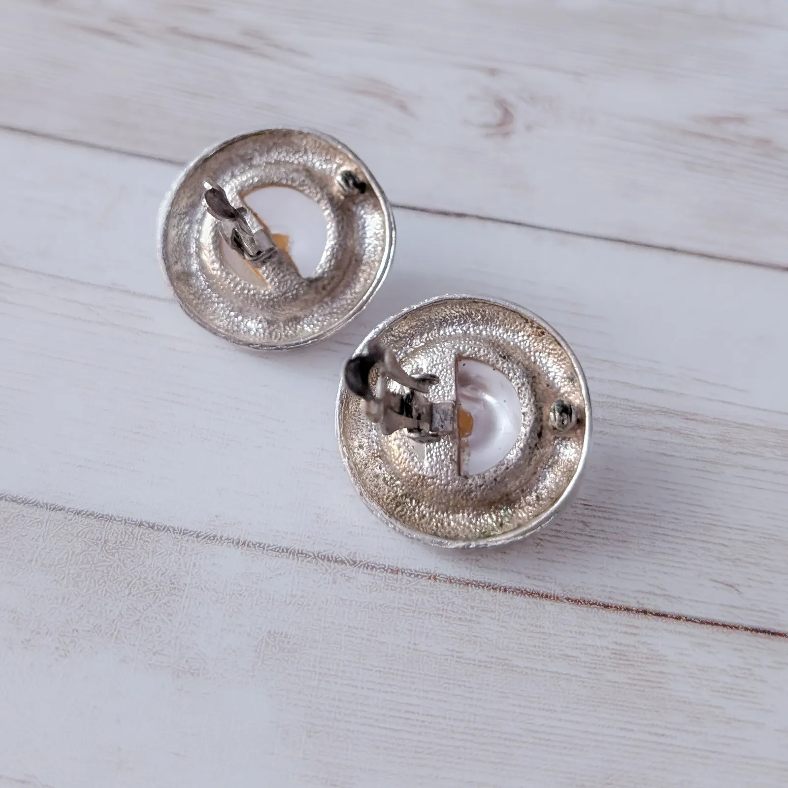 Vintage Clip On Earrings Silver Tone Halo Faux Pearl Very Large - Image 6