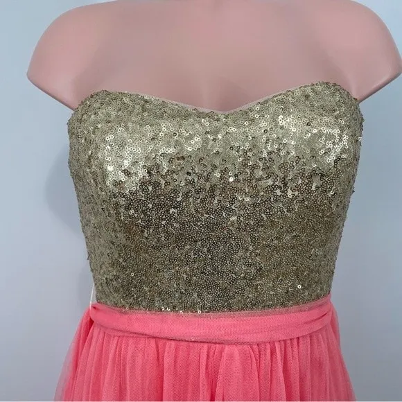 Christina Wu Bridesmaid Dress Style 22725 Size‎ 4 Gold Sequin with Coral Tulle - Image 3