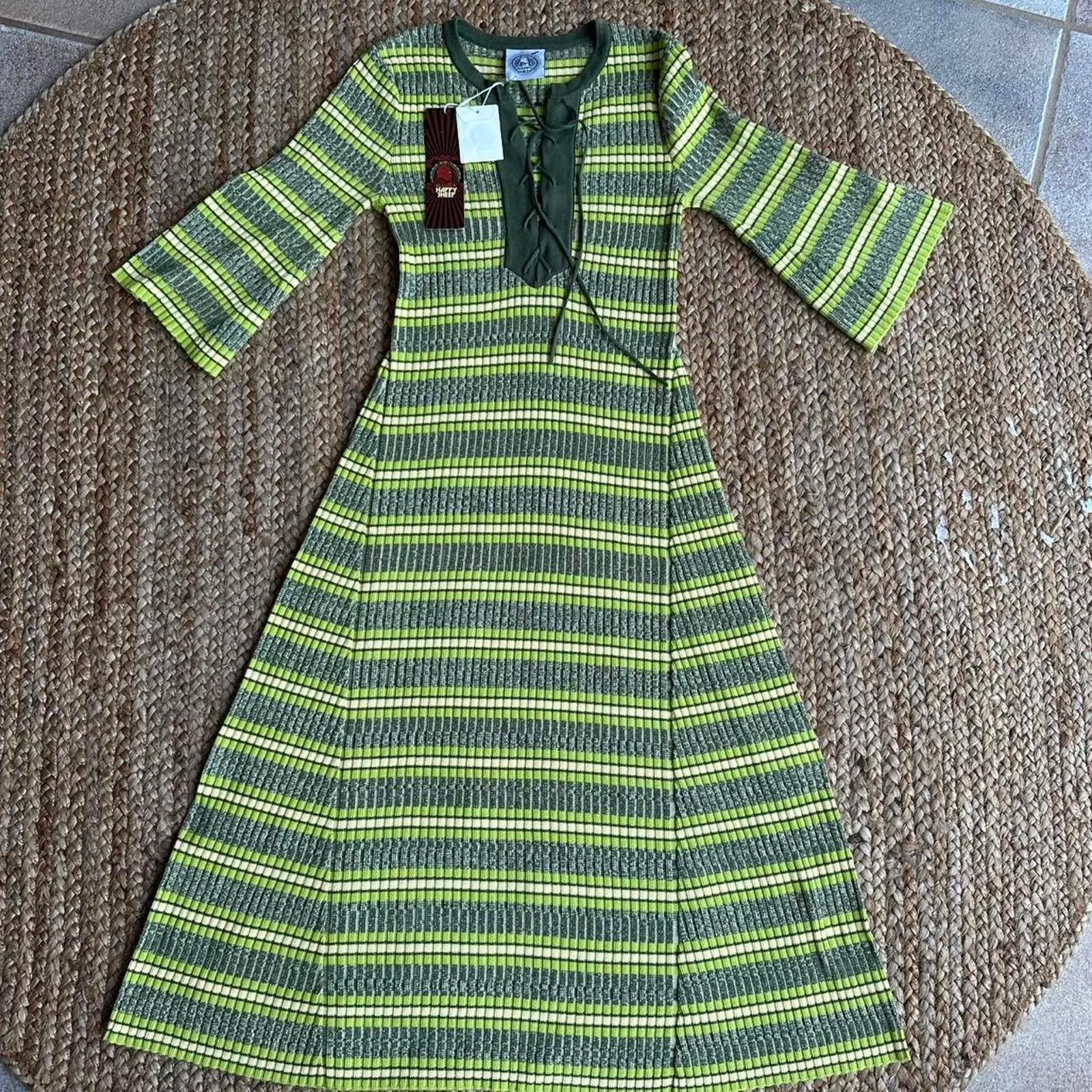 Happy Sheep Anthropologie green striped cotton midi dress boho size M NWT - Image 2