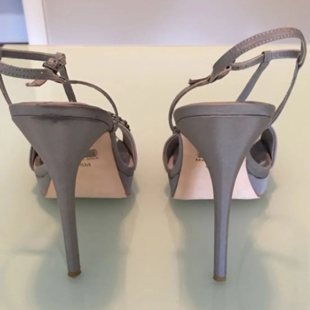 Badgley Mischka Amara Platform Crystal Beaded Ankle Strappy Heels Gray Satin - Image 4