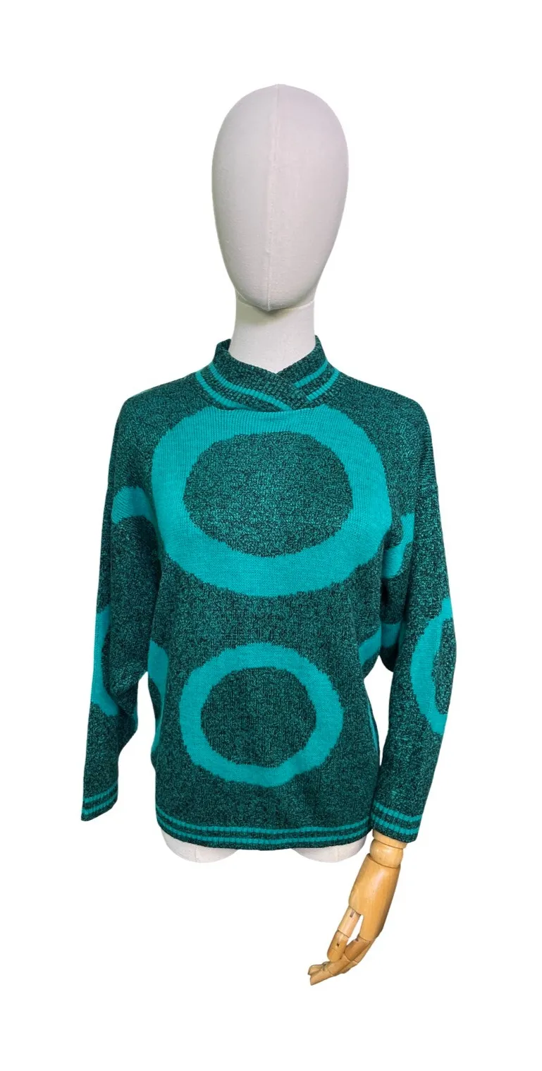 Vintage Knitwaves USA Teal Black Circle Pattern Sweater 80s Retro Acrylic S/M Green - Image 1