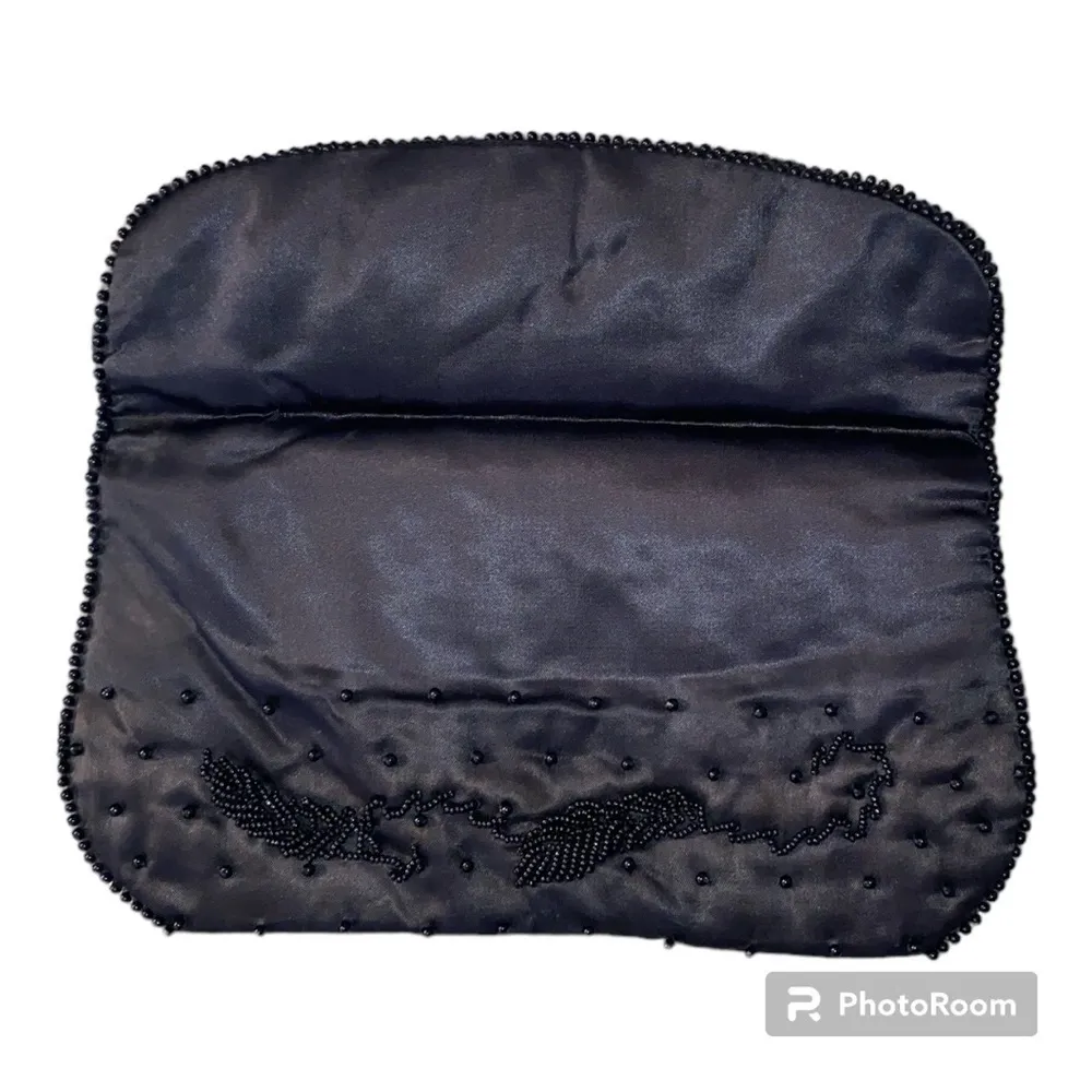 Vintage Black Satin Beaded Evening Bag Foldover Flap EUC - Image 3