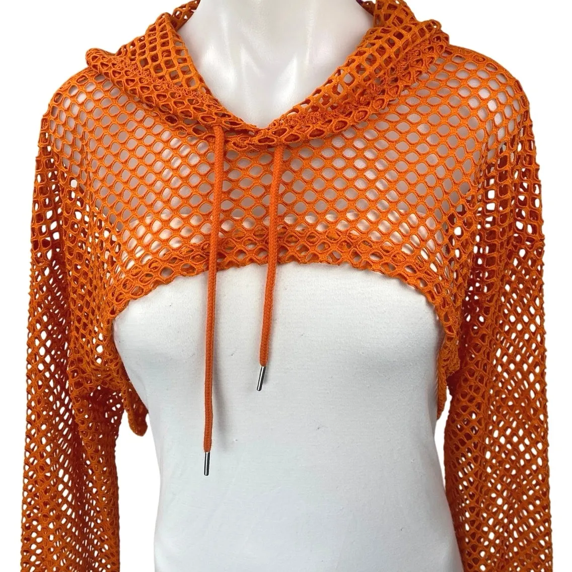 NEW Avidlove Women's Orange Mesh Fishnet Long Sleeve Hooded Hoodie Crop Top XL - Image 3