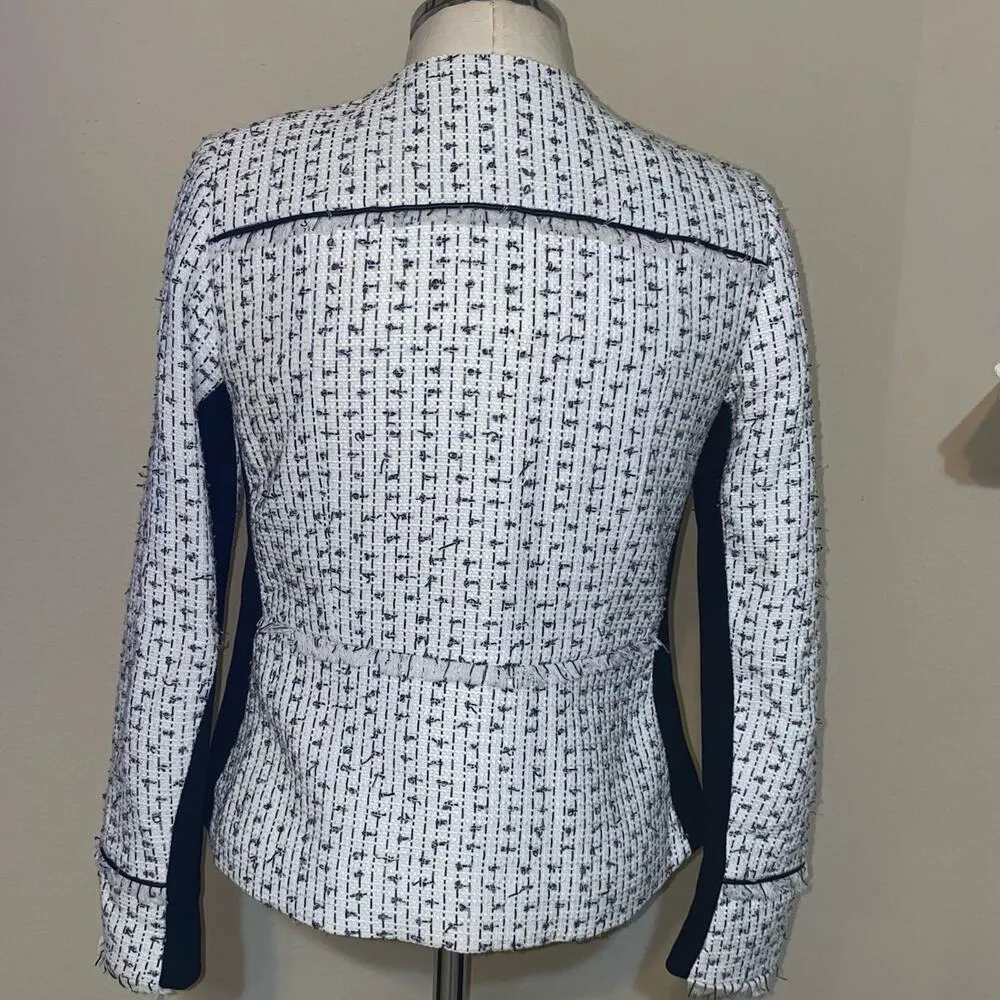 Paris White Fringe-Trimmed Tweed Zip Up Jacket Size Small - Image 7