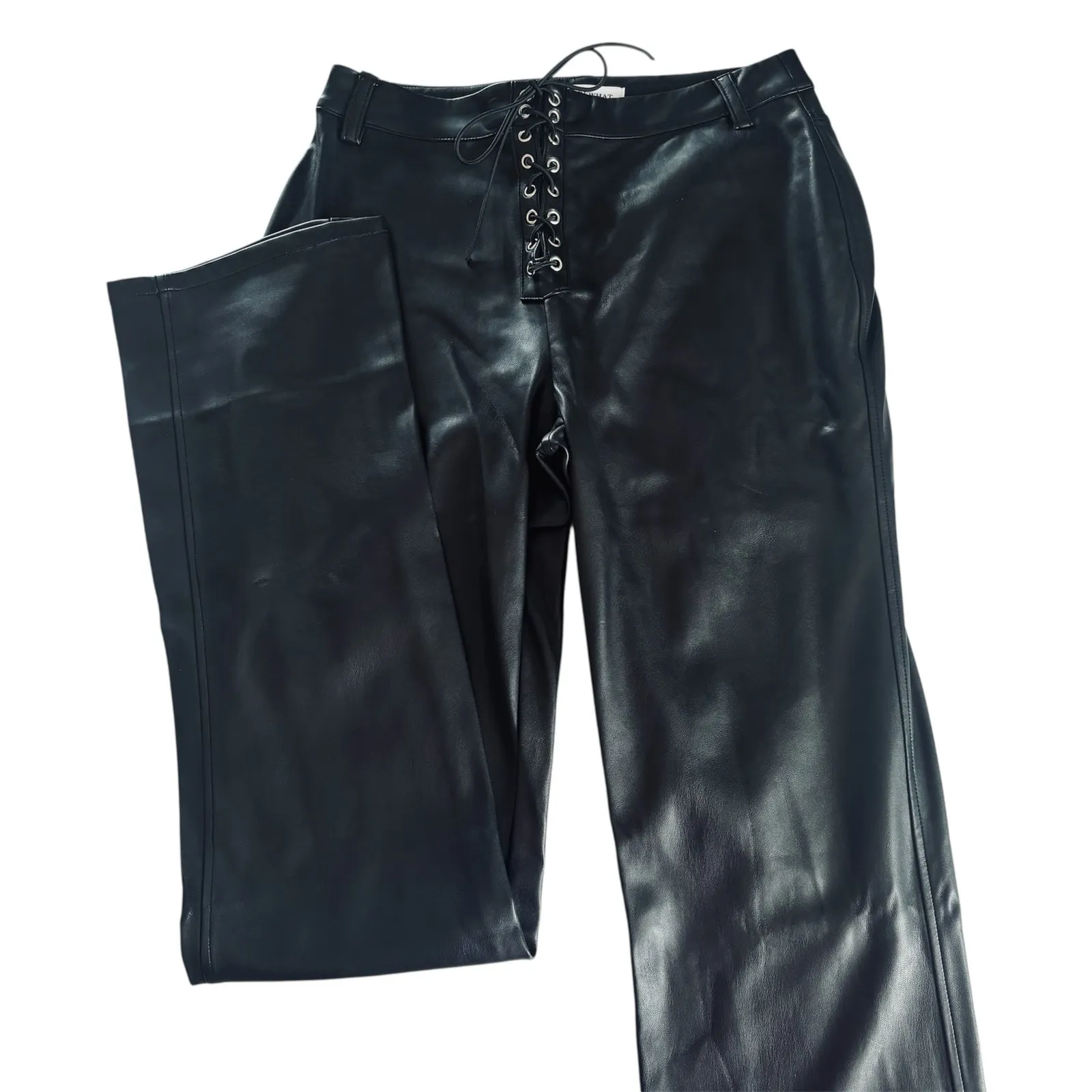WeWoreWhat Black Vegan Leather Lace Front Flared Hem Pants Women’s Size 25 NWT - Image 2