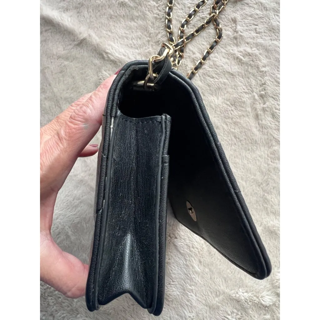 Bebe Quilted Black Leather Crossbody Purse With Gold Chain Strap & Rhinestone Lo - Image 4