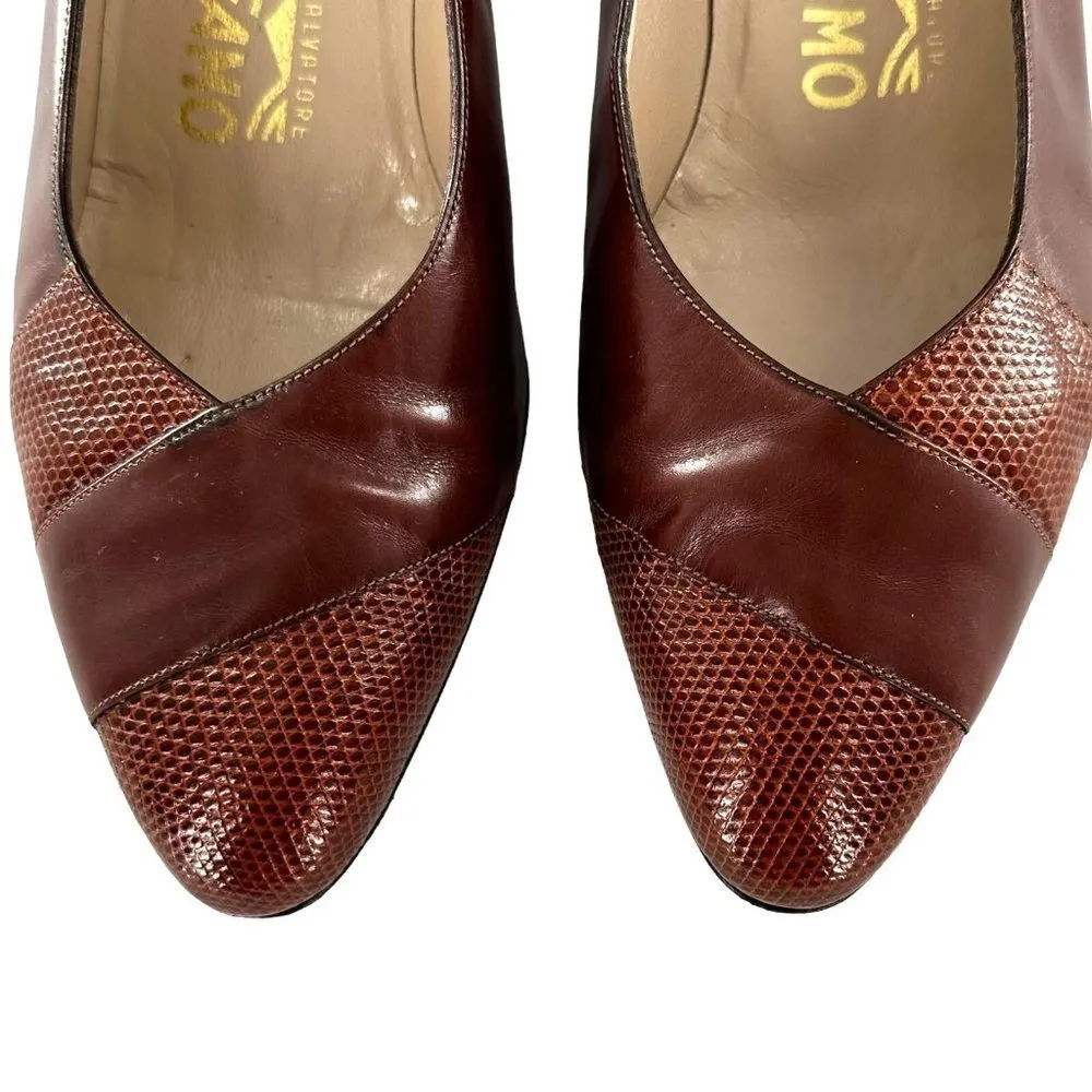 Salvatore Ferragamo Brown Leather Mid Heel Pumps Size 8.5 C - Image 4