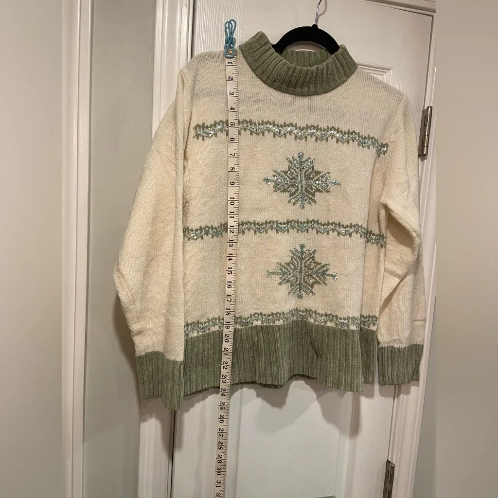 VTG JENNY Size L Snowflake Sweater Beaded Sequin Knit Winter Holiday Green Cream Size L - Image 7