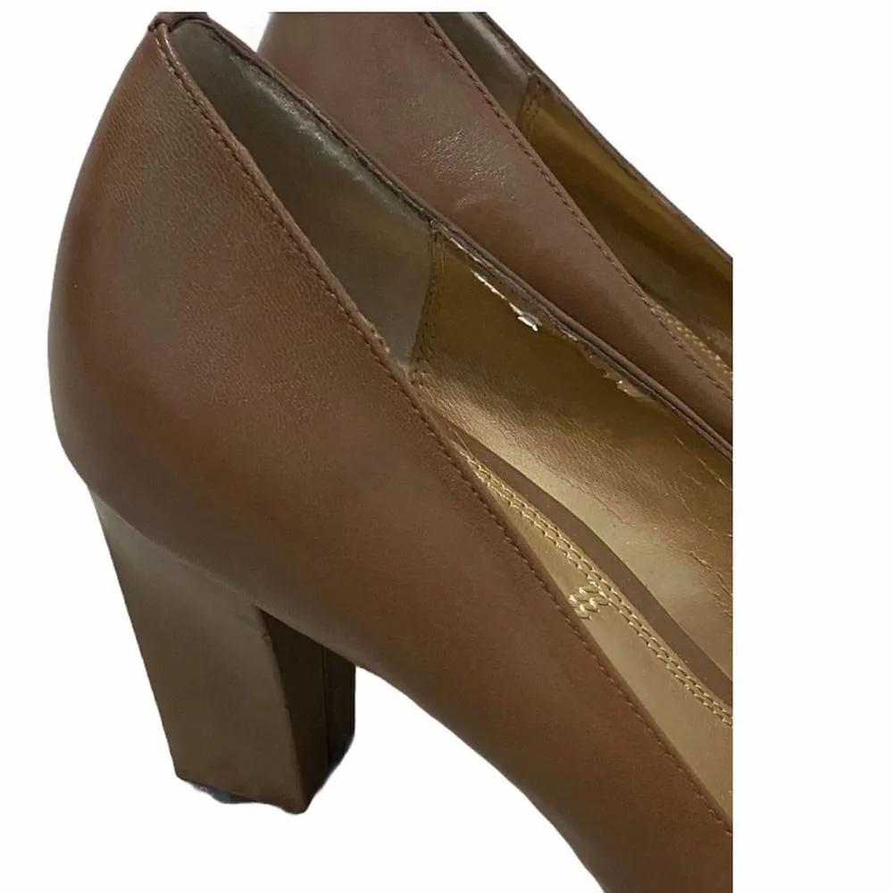 Tahari Bennett Bennett Peep Toe Block Heel Gold Metal Detail Leather Pumps Tan 9 - Image 5