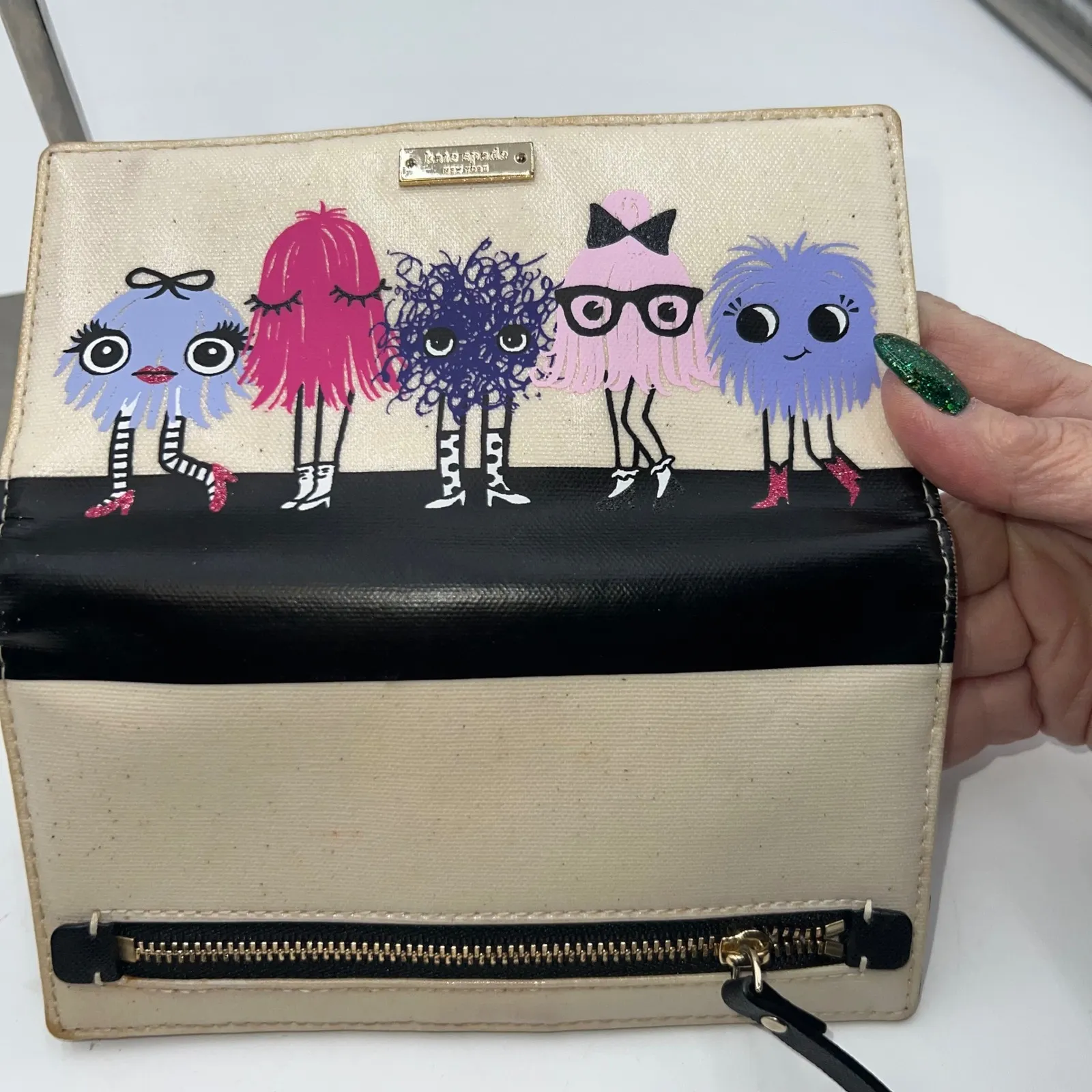 Kate Spade New York Monster Print Canvas Clutch Wallet Beige Black Gold - Image 4