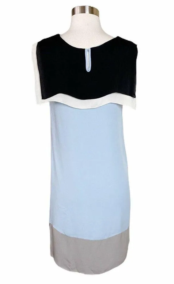L'AGENCE Silk Colorblock Shift Dress Sleeveless Cape Neck Blue Gray Black 2 - Image 8