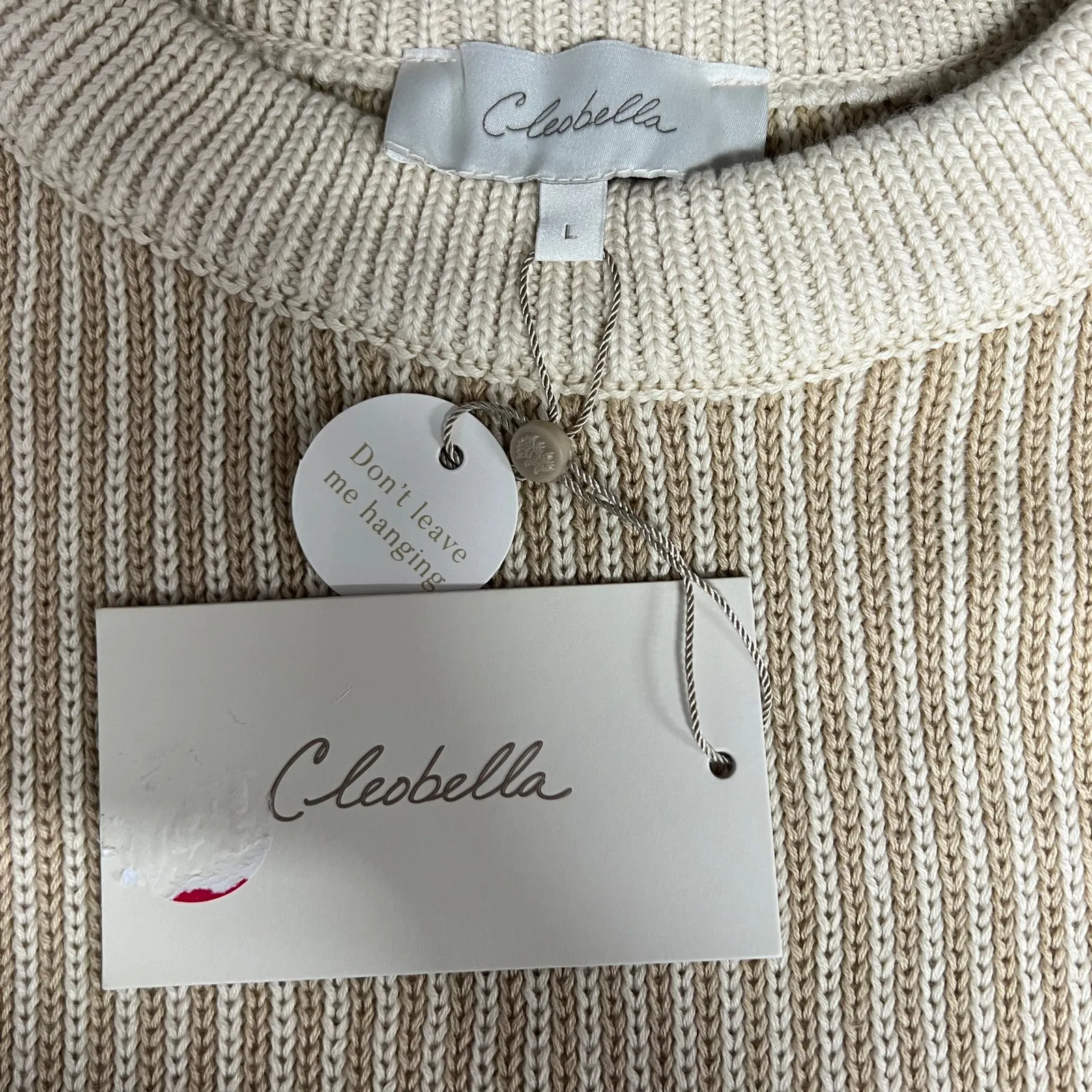 Cleobella Sydney Sweater Hand Knit Cotton Crew Two Tone Ivory Stripe Size L NWT - Image 7