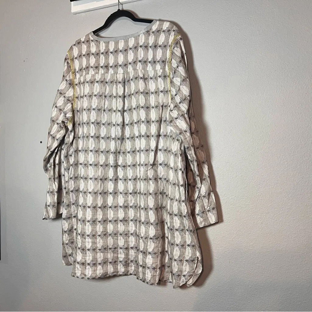 Sigrid Olsen Tunic Blouse Mini Dress Linen Size 1X Gray Tan Yellow Pattern - Image 9