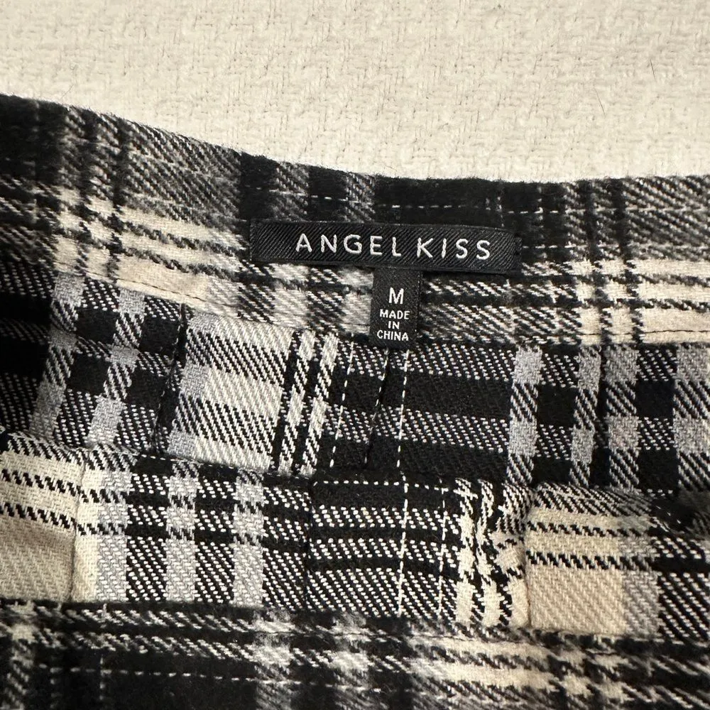 Angel Kiss Black & Gray Biker/Grunge Plaid Flannel Pleated Mini Skirt Medium - Image 3