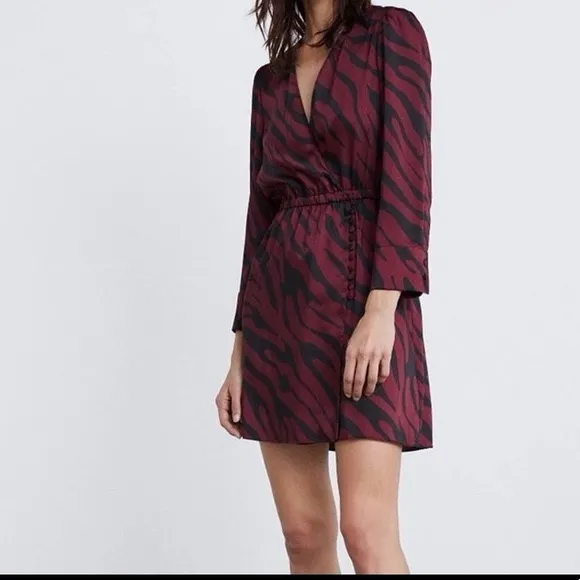 Zara | Burgundy Zebra Long Sleeve Dress, Size S - Image 2