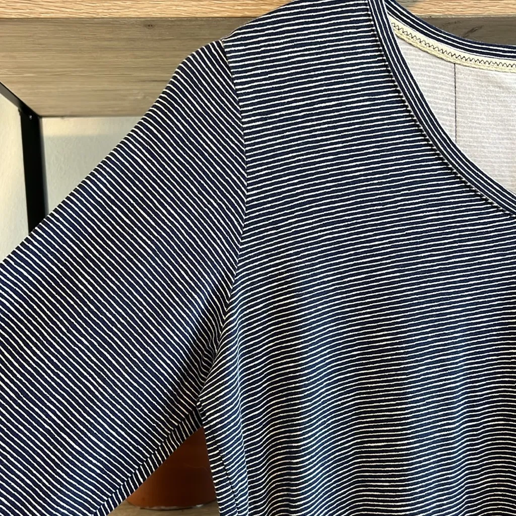 L.L. Bean Stretch Organic Cotton Jersey Long Sleeve Striped Dress w/Pockets, XS Blue - Image 3