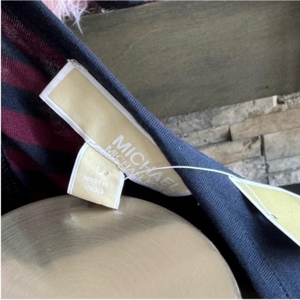 MICHAEL Michael Kors Navy and Burgundy Striped Long Sleeve Tee Blue Size L - Image 13