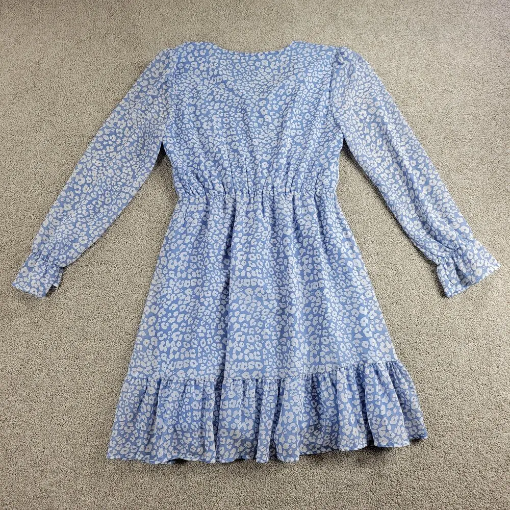 Kirundo Womens Dress Small Blue Floral Faux Wrap Ruffle Tiered Long Sleeve Flowy - Image 2