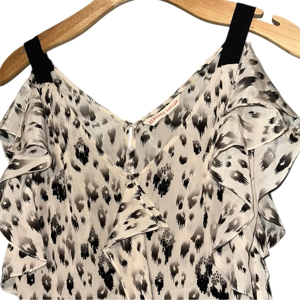 Rebecca Taylor Women’s Size 4 Pale Pink Printed Beaded Sleeveless Silk Top Shirt - Image 3