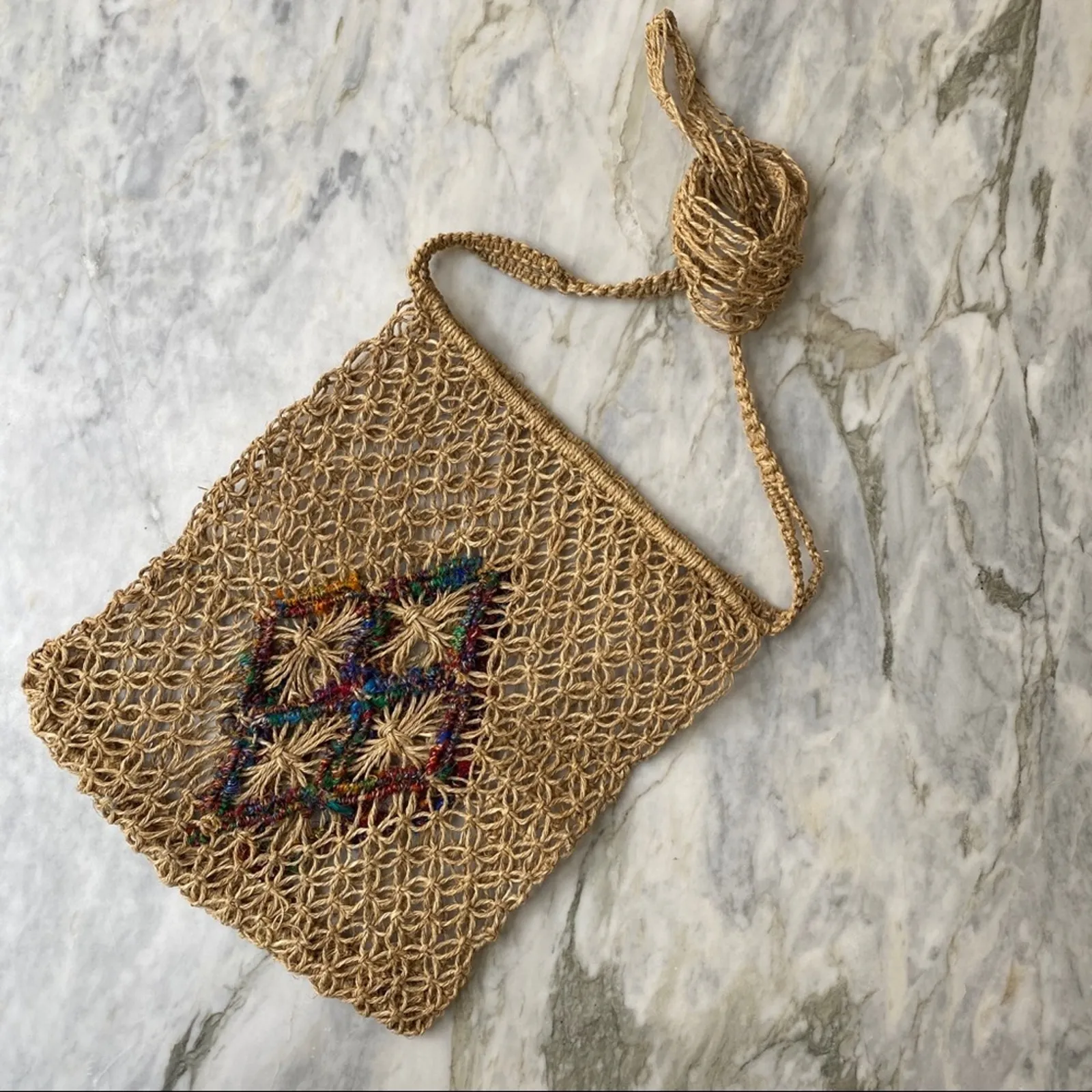 Vintage Y2K Boho Hemp Woven Mandala Pattern Rainbow Thread Crossbody Bag - Image 3