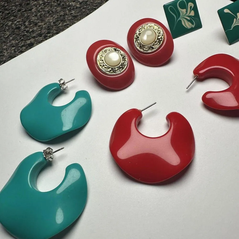 Retro Pierced Earrings Lot Of 4 Green Blue Red - Image 4