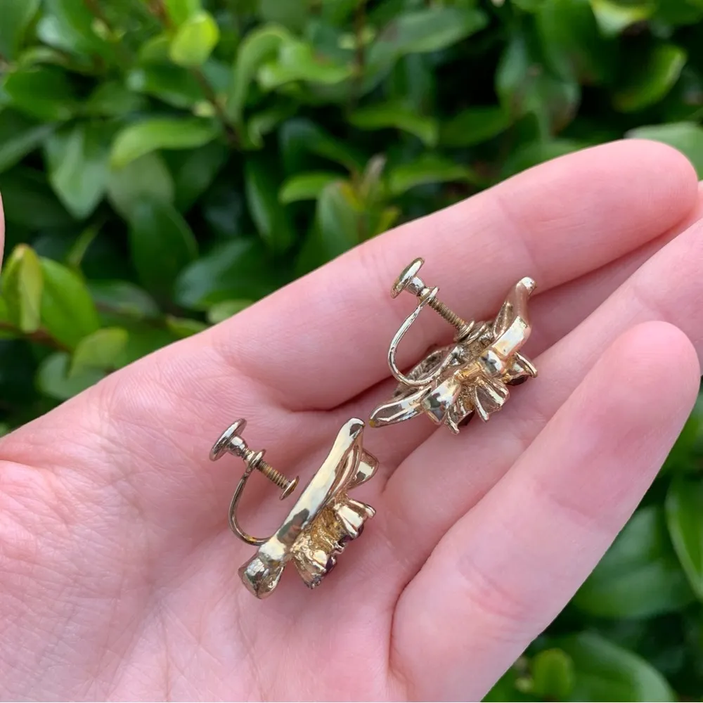 Vintage Gold Color Screw Back Earrings, Purple Gem Rhinestones // Small Flaws - Image 6