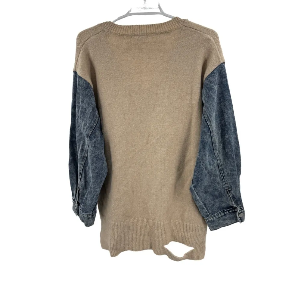 Entro Tan V-Neck denim sleeve contrast distressed sweater casual mixed material - Image 2