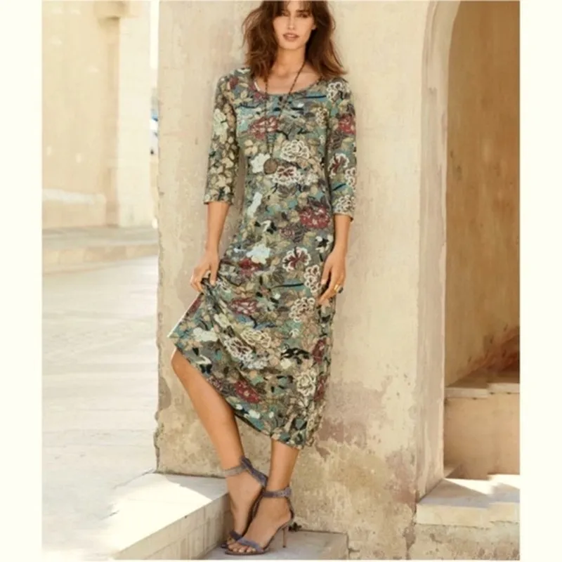 Peruvian Connection Capistrano Asian Birds Large Cotton Stretch 3/4 Sleeve Dress - Image 2