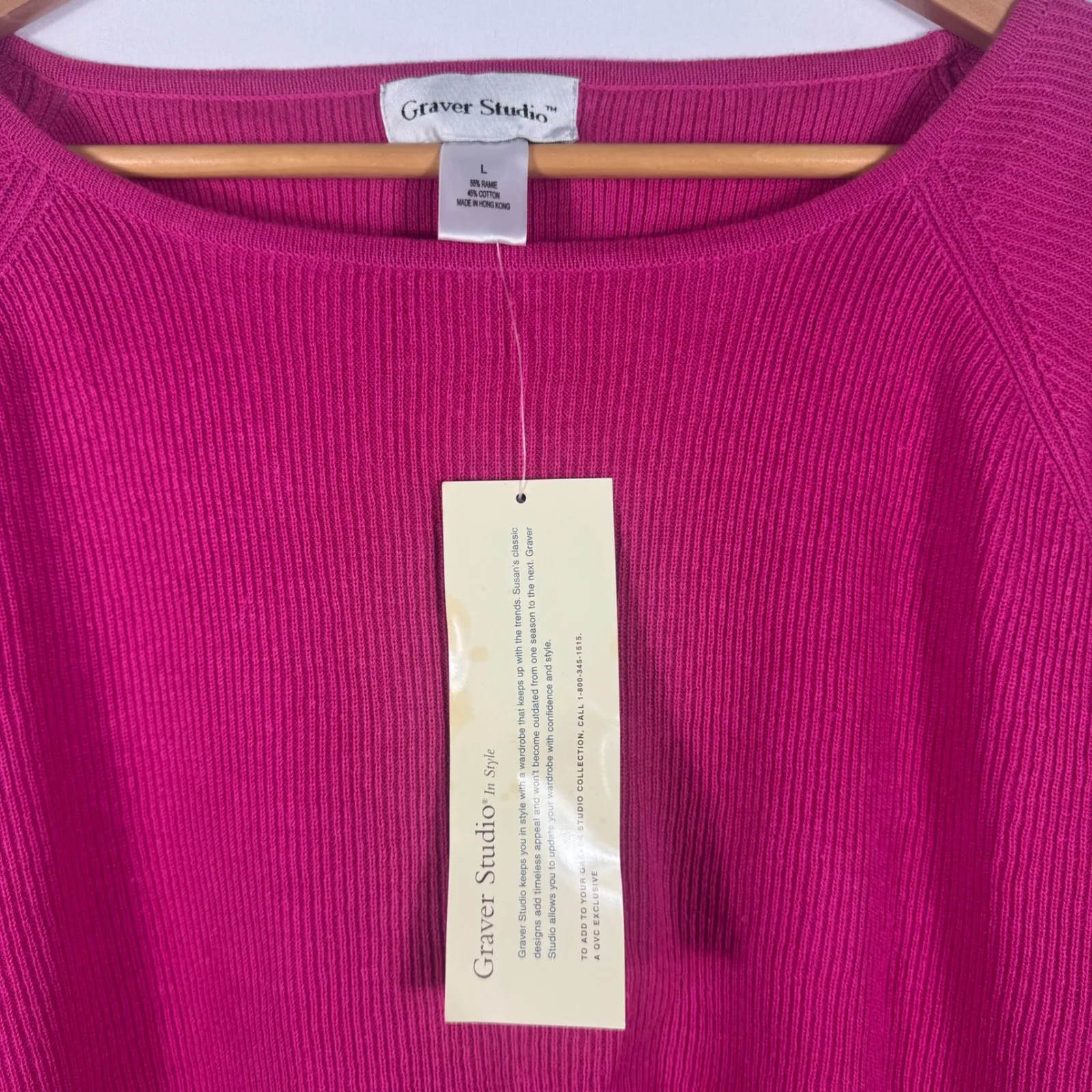 Graver Studio Womens Ribbed Knit Top 3/4 Sleeve Boat Neck Pullover Magenta Large Pink - Image 2