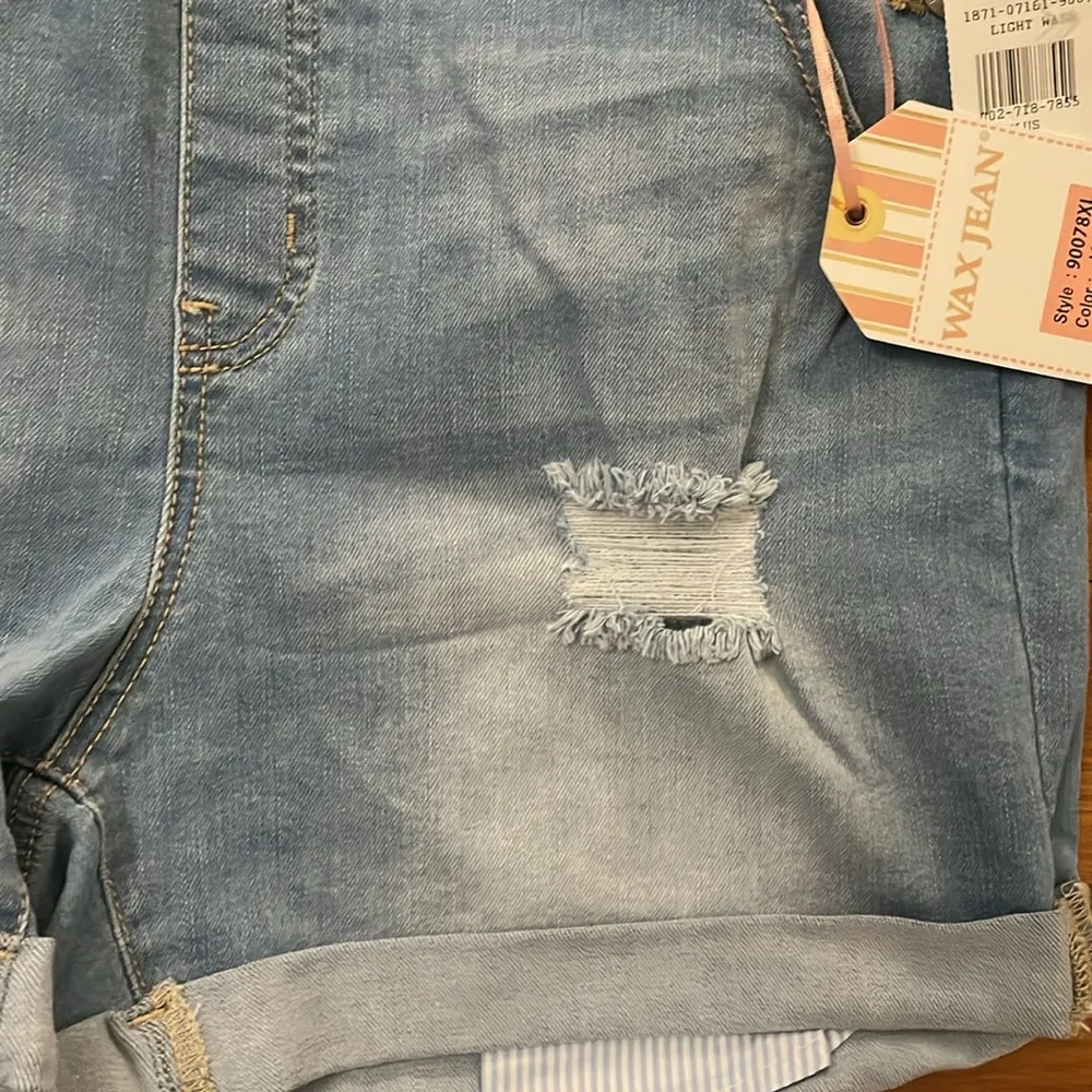 Wax Jean Distressed Blue Denim Overall Shorts Womens Size 1X Light Wash NEW - Image 9