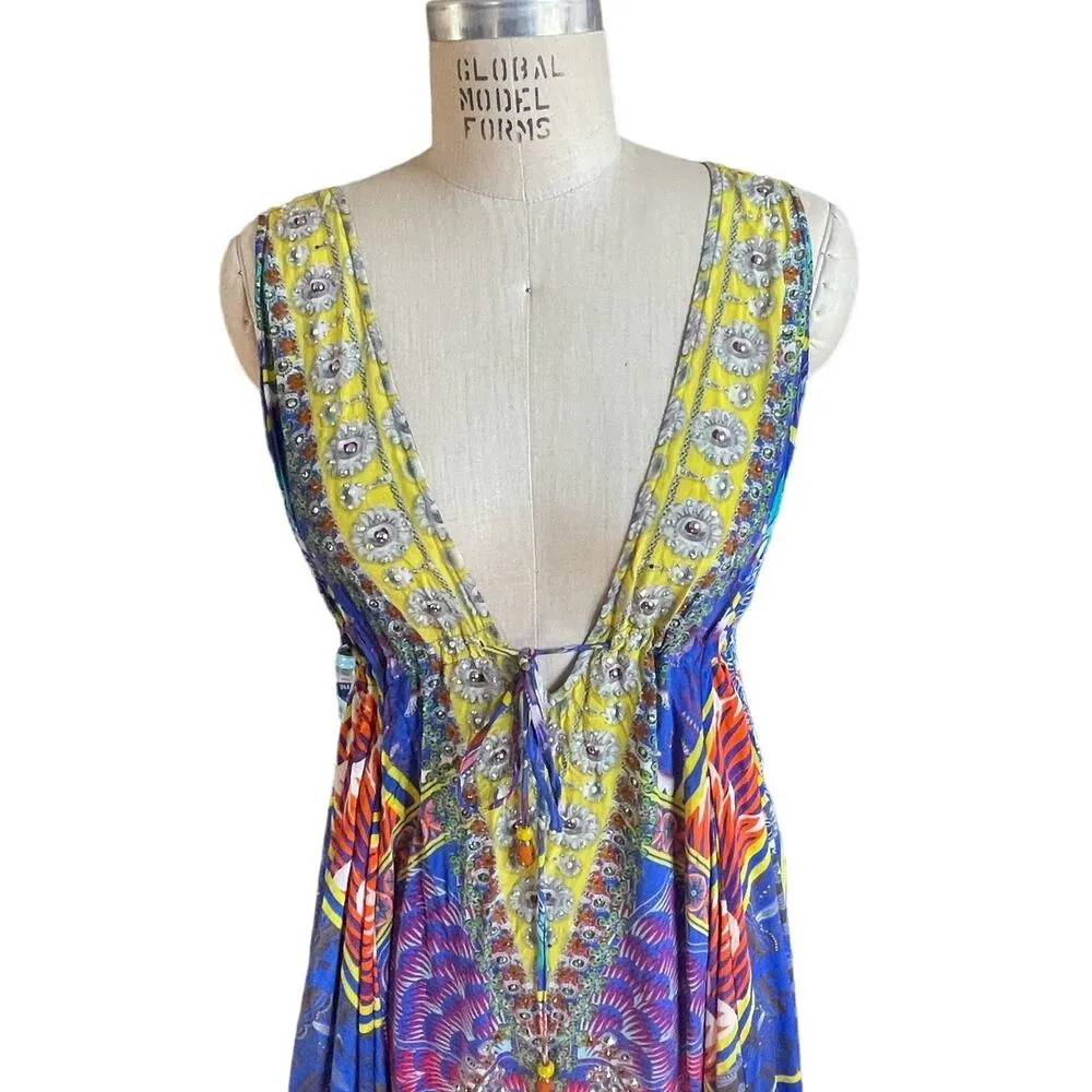 Camilla 100% Silk Swarovski Beaded V-Neck Bright Print Maxi Dress Size Medium/Lg - Image 4