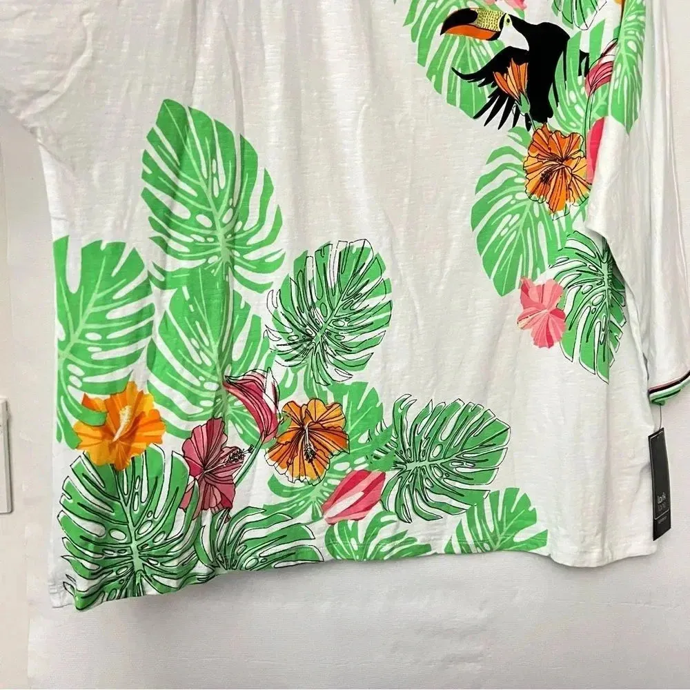 Lark Lane Woman 2X Hawaiian Floral Blouse Top 3/4 Sleeve Cotton Blend Toucan White - Image 7