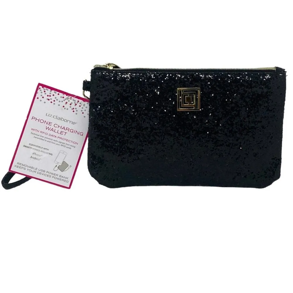 LIZ CLAIBORNE Iphone & Android Phone Charging Wallet Black Glitter Clutch Purse - Image 2