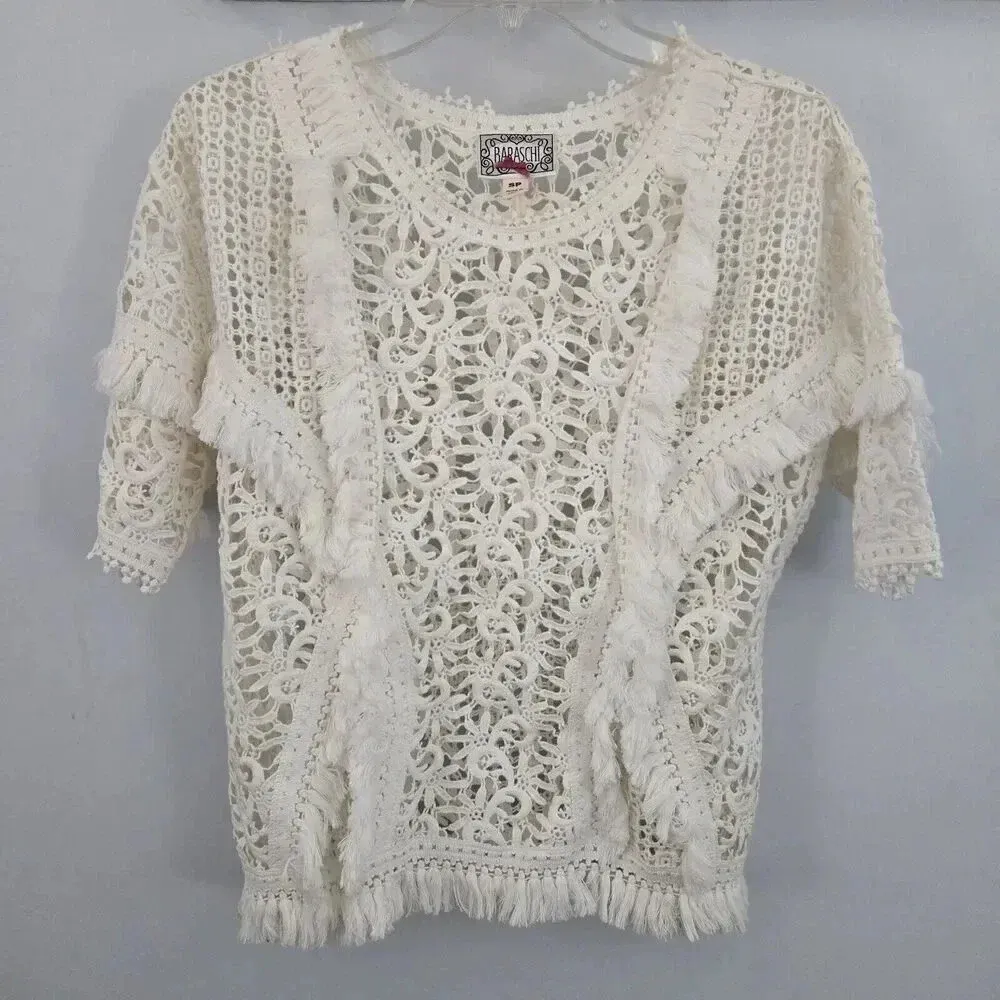 Anthropologie Yoana Baraschi Top White Lace Crochet Fringe Trim Short‎ Sleeve S - Image 4