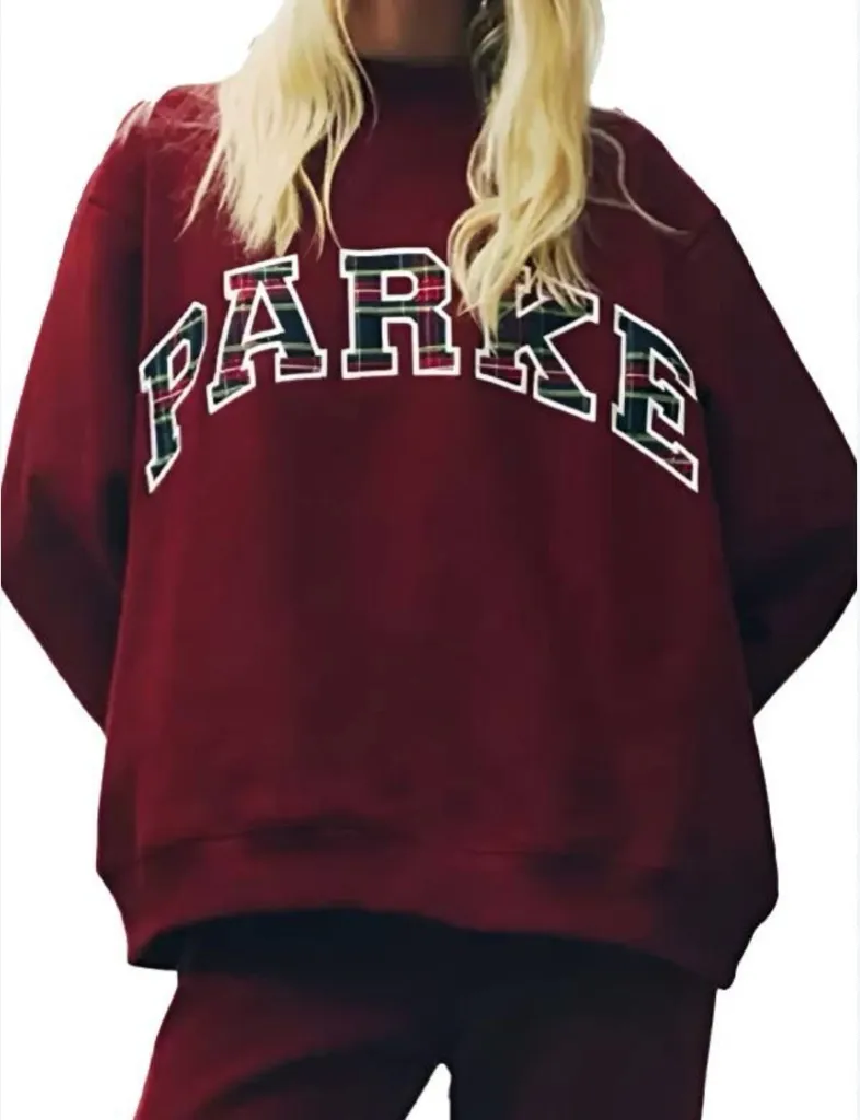 PARKE Holiday Plaid Varsity Mockneck Pullover Sweatshirt NWOT Maroon Size L XL - Image 1