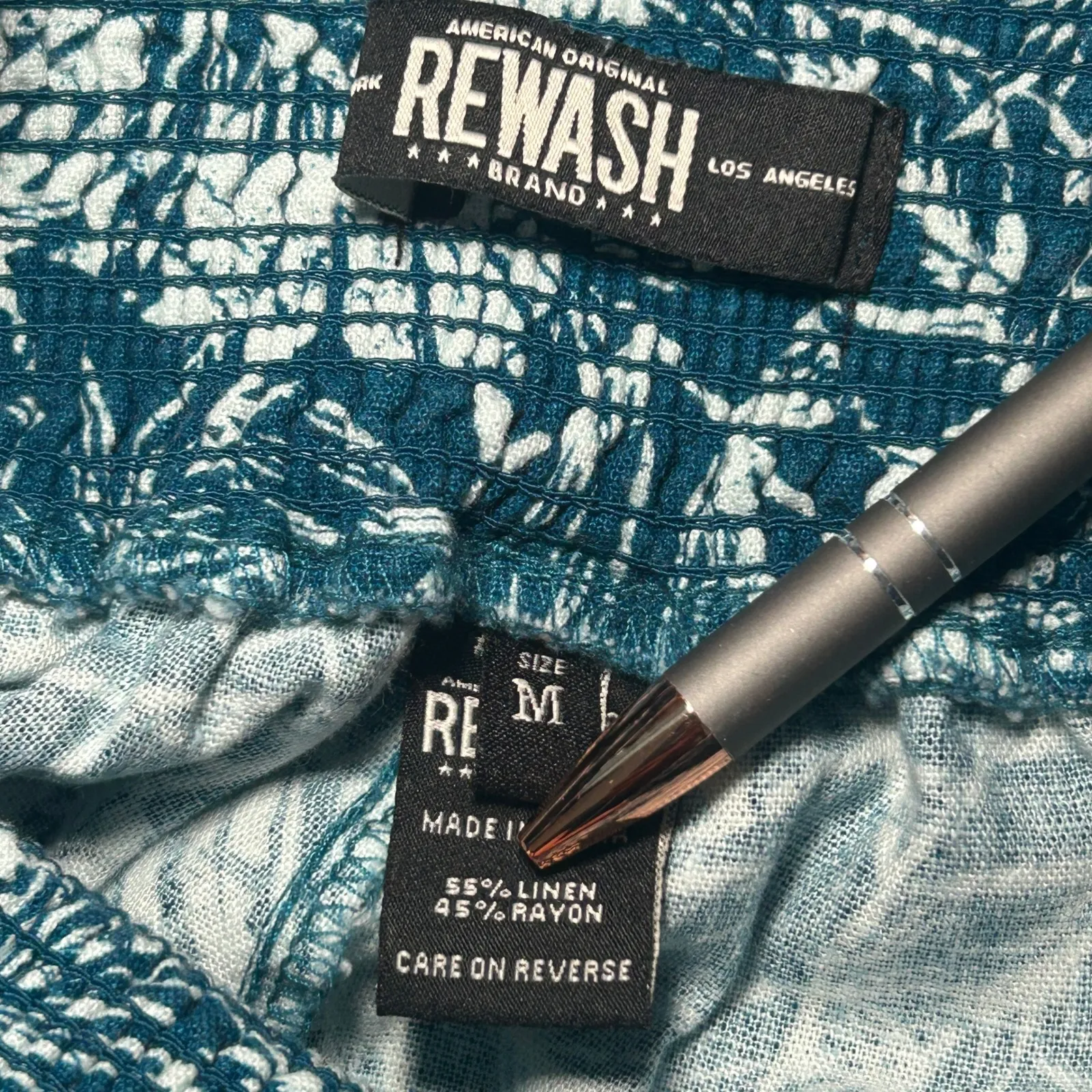 RE WASH Women's Teal Floral Wide Leg Smocked Waist Palazzo‎ Pants Size Medium Blue - Image 4